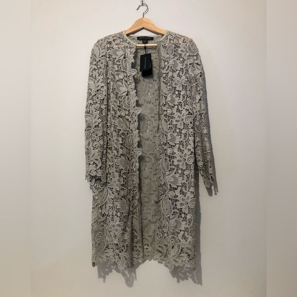 NWT Ralph Lauren Black Label Thora Cotton Taupe Gray Lace Duster Cardigan Coat